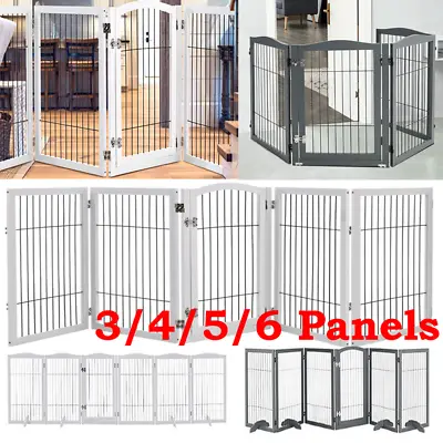 3-6 Panels Dog Gate Pet Cat Wood Fence Safety Barrier Divider Freestand Doorway • £30.95