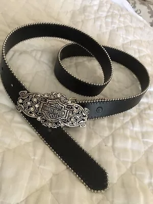 Silver Rhinestone HARLEY DAVIDSON Buckle Black Leather Ball Chain Trim Belt L 36 • $49.99