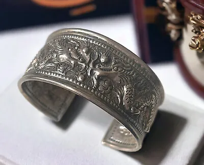 Vintage Sterling Silver 925 Dragon Bracelet Repousse Asian Dragons Cuff • $299.99