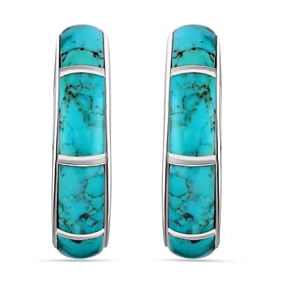 $24.99 • Buy Santa Fe Style Ct 2.5 Earrings Women Natural Turquoise 925 Sterling Silver Hoop