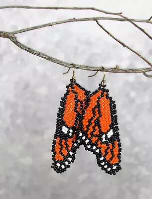 Handmade Hand Beaded Monarch Butterfly Wing Earrings • $29
