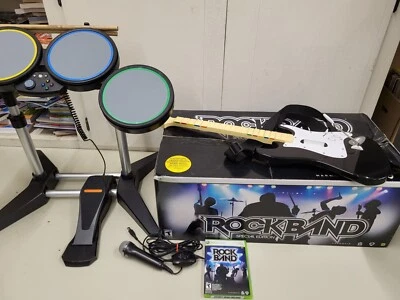 $296.35 • Buy Xbox 360 Rock Band BUNDLE Tested Wired Drums Mic RARE WIRELESS Guitar 