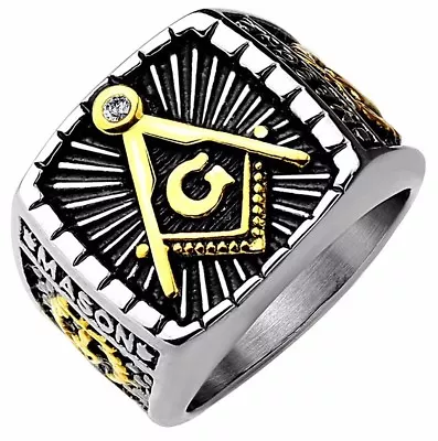 IP Gold & Burnish Steel 2-Tone Square Face Masonic Stainless Steel Casting Ring • $17.88