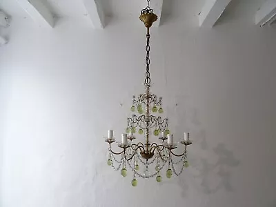 ~French Rare Chartreuse Murano Glass Drops Crystal Swags Chandelier Circa 1920~ • $3399