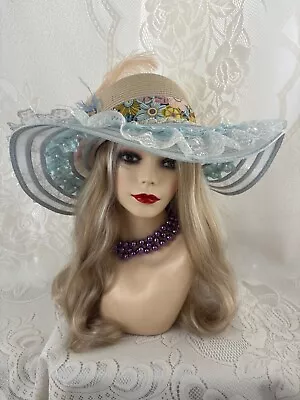 Blue And Cream Floppy Race Day Derby Hat With Matching Flowers And Feathers • $200