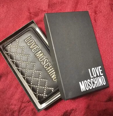 Authentic Love Moschino Black Leather Gold Studded Zip Around Wallet NWT • $99