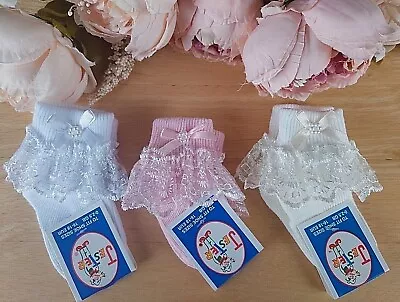 Socks Baby Girl Child Frilly Lace White Pink Cream Bow Pearl 0 6 12 24m 2 To 10y • £3.99