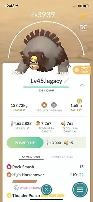 Ursaluna Legacy Pokemon Trade Go Lv45 Unlocked 2 Charge Master Pvp Pokémon Go • $10