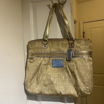 Coach 15301 Gold Poppy Story Patch Glam Tote Shoulder Bag 16x13x4” • $59.99