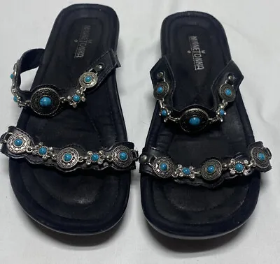 Minnetonka Size 9 Slip On Jeweled Sandals Black Leather Turquoise Silver Womens • $22.24