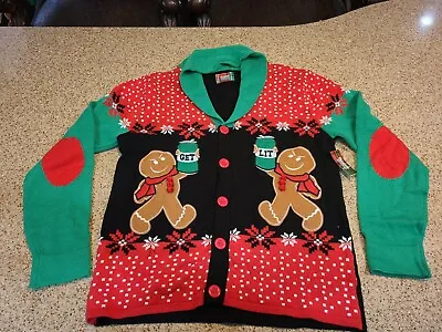 Get Lit Gingerbread Christmas Cardigan Mens Sweater V-neck Beer Spencer's Large • $29.95