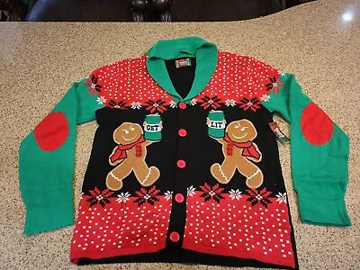 Get Lit Gingerbread Christmas Cardigan Mens Sweater V-neck Beer Spencer's XL • $34.95