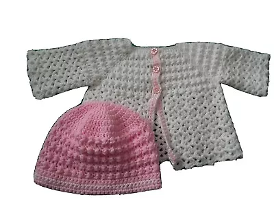 A Hand Crochet Baby Girl Cardigan And Hat Set White & Pink Dk 6 - 12 Months • £6.50