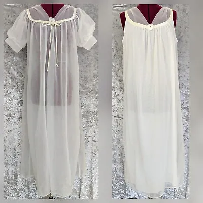 A++ 1950s White Peignoir Set Robe Nightgown Vintage Lingerie Sheer Nylon Chiffon • $59