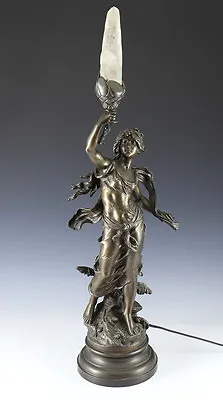  L & F Moreau Patinated  Bronze Figural Lamp W/ Rock Crystal Flame 19th Century • $4505