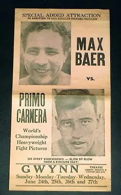 VERY RARE 1934 PRIMO CARNERA  Vs MAX BAER WORLD'S CHAMPIONSHIP Boxing Poster • $450