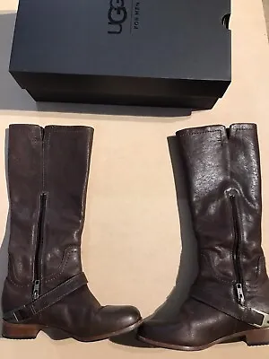 $275 UGG Australia Brooks Tall Brown Leather Sheepskin Boots With Thick Heels • $29