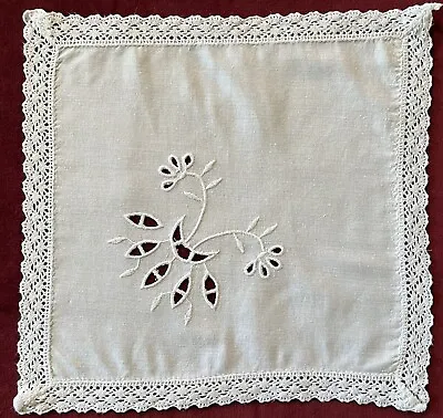 Vintage White Embroidered On White Cotton Table Mat 30 X 29cm Handmade Lace • £5.50