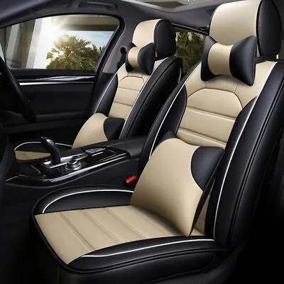 5-Seats Car Seat Cover PU Leather Front + Rear SUV Cushion Set Universal Beige • $87.60