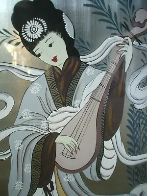 Geisha Girl Vintage Foil Art Painting Custom Wood Frame  Signed Long  • $125