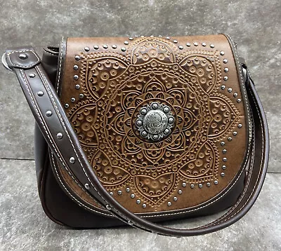 Montana West Trinity Ranch Leather  Country Western Purse Brown Silver Cowgirl • $28.99