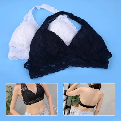 £6.18 • Buy Women Lace Halter Neck Bra Crop Top Padded Bra Sleepwear White / Black