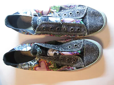 Ed Hardy Skull Dragon Heart Lowrise Slip On Sneakers Shoes Womens Size 8 Sparkly • $27.95