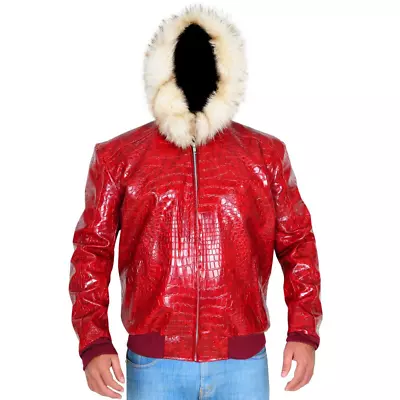 Men's Red Real Leather Crocodile Embossed Jacket Biker Motorcycle Fur Hood Coat • $109.69