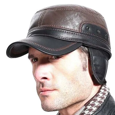 Leather Men's Baseball Cap Winter Hat Ear Muffs Warm Cold Outdoors Thick Hat UK • £7.15