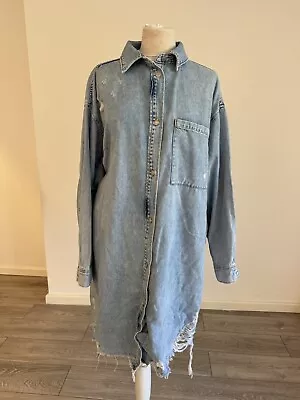 &Denim Shirt Dress Oversized 100% Cotton Button Pocket Distressed Fray Large H&M • £15