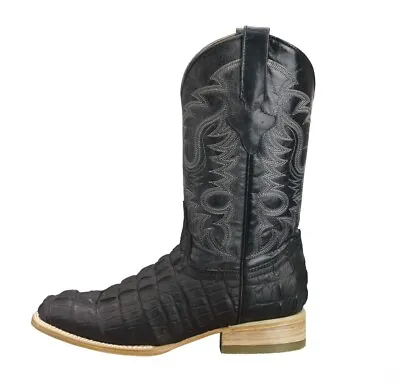 Mens Crocodile Tail Print Cowboy Boots Genuine Leather Western Square Toe Botas • $108.99