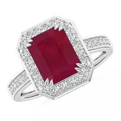 ANGARA Emerald-Cut Ruby Engagement Ring With Diamond Halo For Women In 14K Gold • $2991.12