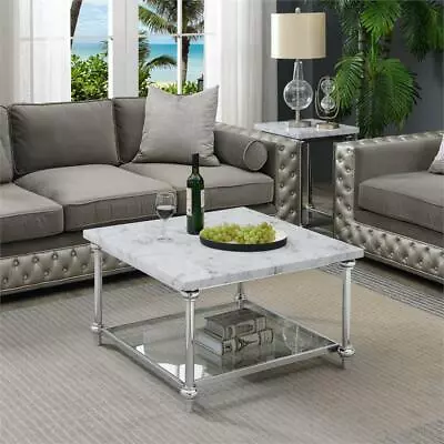 Roman II Square Coffee Table With Chrome Metal Frame In White Marble Finish • $252.74