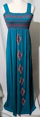 Vintage Spense Turquoise Aztec Embroidered Sleeveless Med/LG Beach Maxi Dress EC • $13.99