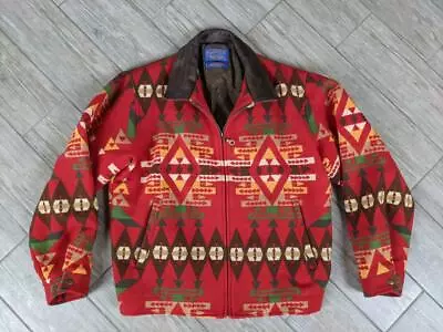 $399.95 • Buy Vintage PENDLETON Wool INDIAN PRINT Red Jacket LARGE Navajo Aztec BOMBER Western