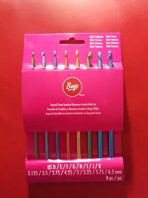 Boye 8  Piece Tapered Throat Anodized Aluminum Crochet Hook Set Sizes D Thru K • $7.99