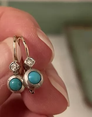 Estate 14k Yellow Gold Diamond Turquoise Dangle Drop Earrings Vintage 1955-1970 • $940.36