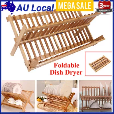 Foldable Draining Racker Easy Storage Bamboo Dish Rack Cabinet For Indoor Use • $17