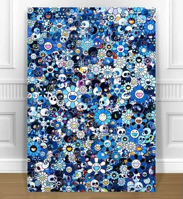 TAKASHI MURAKAMI- SKULL FLOWERS CANVAS PRINT 24x36  JAPANESE POP ART BLUE • £28.40