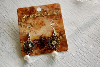 Steampunk Earrings Hook Drop Bronze Gear With Pearl New Magic Cyclopedia • $5.25