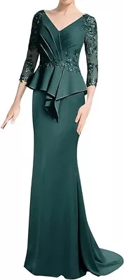 Mother Of The Bride Dress Peplum Waist V Neck Long Sleeves Deep Peacock Color • $60