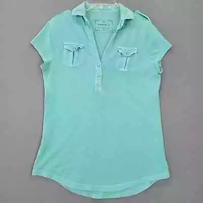 Mossimo Shirt Womens L Casual Supply Blue Baby Collar Button V-Neck Cap Sleeves • $11