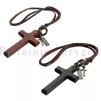 Flongo Vintage Wooden Cross Pendant Leather Rope Necklace Adjustable Men Women • $12.99