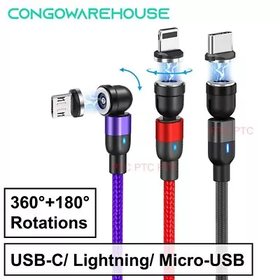 Magnetic 540 Fast Charging Cable Cord Lead For USB Type-C Micro USB IPhone 3in1 • $8.95