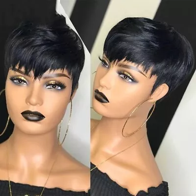 Short Black Pixie Cut Straight Human Daily Hair Wigs Natural Full Wig Cosplay US • $10.54