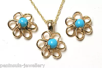 9ct Gold Turquoise Flower Pendant Necklace And Earring Set Gift Boxed Made In UK • £130.99