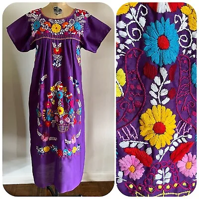70s Mexican Huipil Dress Colorful Heavily Embroidered Floral Birds Oaxacan VTG • $60
