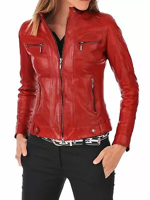 Red Leather Jacket For Women Real Pure Soft Sheepskin Biker Stylish Coat Jacket • $239.34