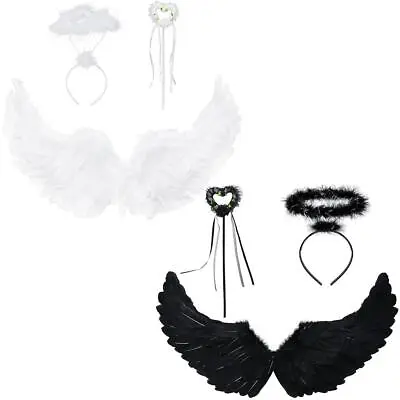 3pc Angel Wings Halo And Wand Costume Black White Womens Halloween Fancy Dress • £9.95