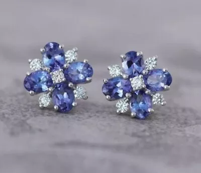 4 Ct Tanzanite & Diamond Flower Stud Beautiful Earrings 14K White Gold Finish • $42